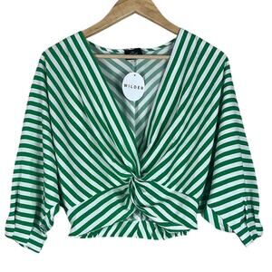 NWT Wilder Green Striped Crop Top Womens S V-Neck Twist Front Coastal Beachy
